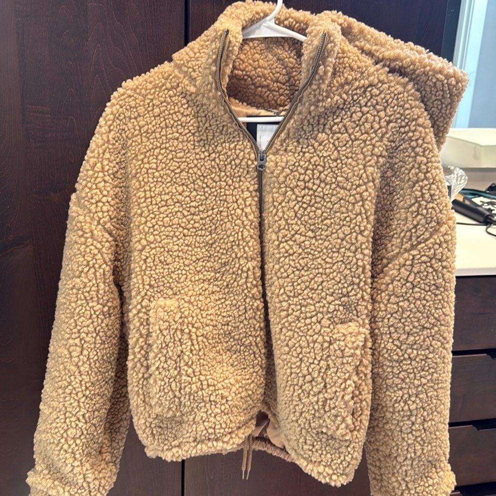 Lucky Brand Teddy Bear Tan Sherpa Hooded Zip Up Bomber Jacket